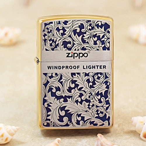 Zippo High Polish Brass Blue Color Filled Arabesque Scroll - CS05