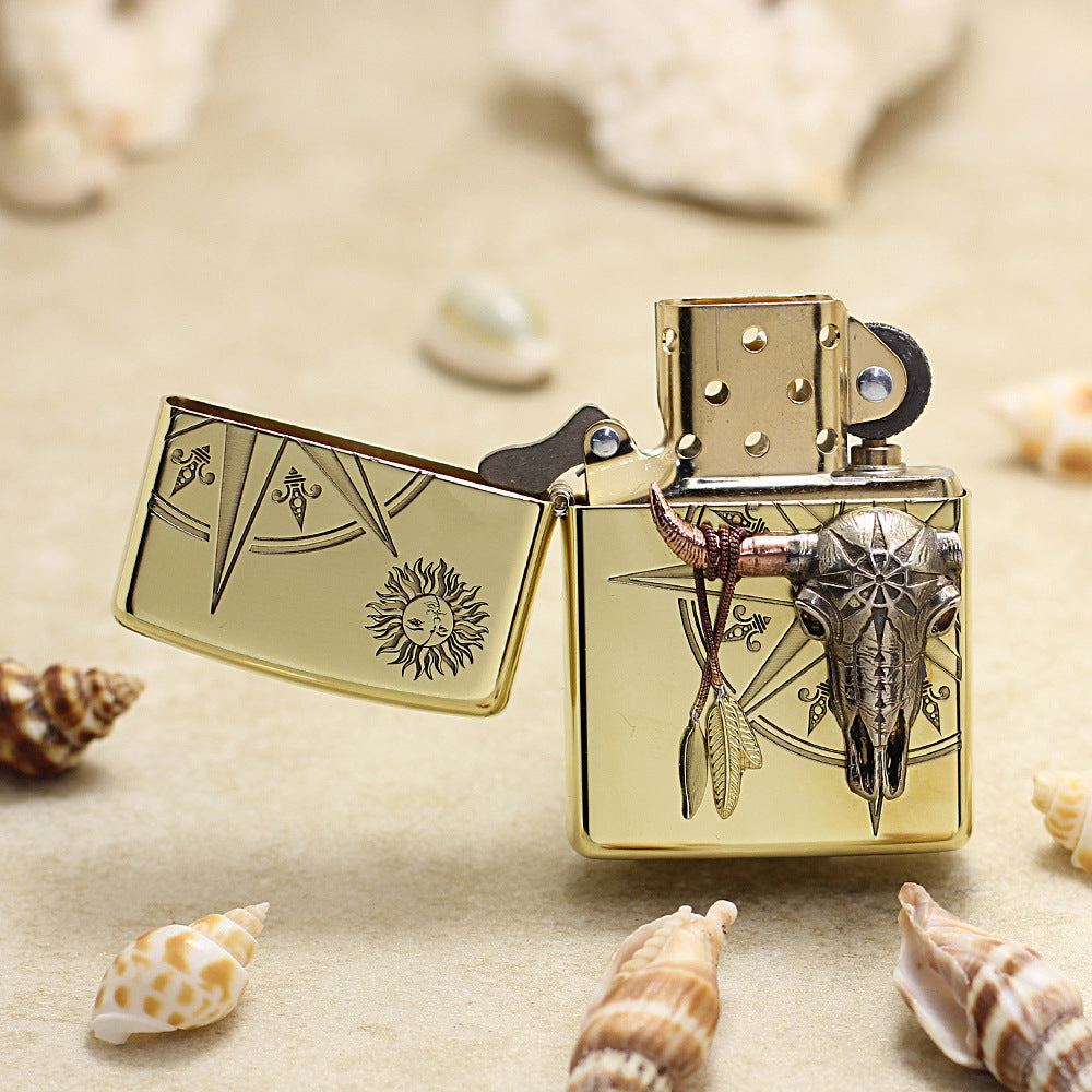 Zippo High Polish Brass Bull Skull Compass Emblem - CC125