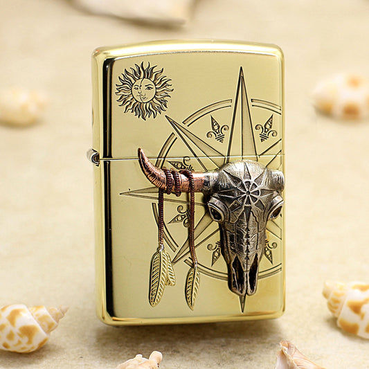 Zippo High Polish Brass Bull Skull Compass Emblem - CC125