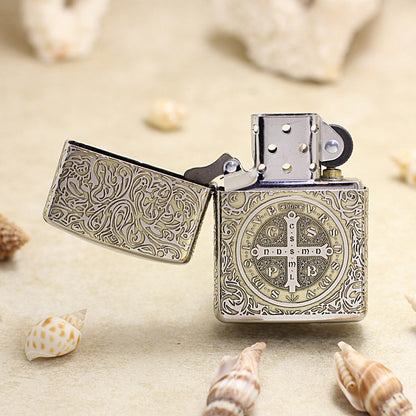 Zippo High Polish Brass Deep Carved Saint Benedict Cross and Angel - SC05