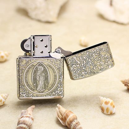 Zippo High Polish Brass Deep Carved Saint Benedict Cross and Angel - SC05