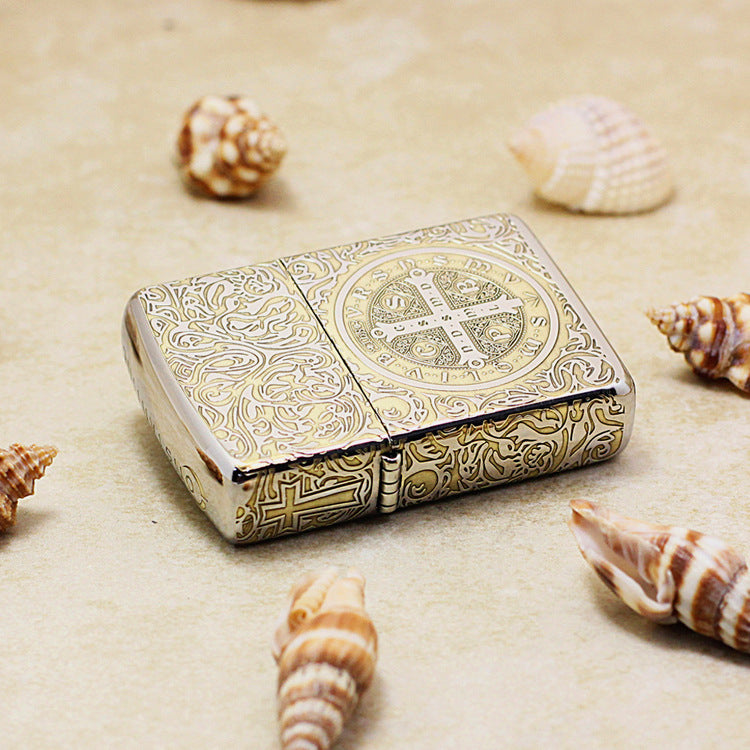 Zippo High Polish Brass Deep Carved Saint Benedict Cross and Angel - SC05