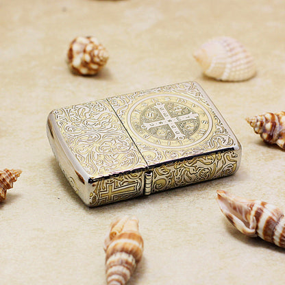 Zippo High Polish Brass Deep Carved Saint Benedict Cross and Angel - SC05