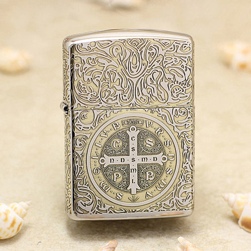 Zippo High Polish Brass Deep Carved Saint Benedict Cross and Angel - SC05