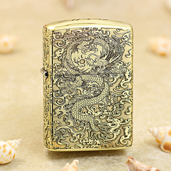 Zippo High Polish Brass Deep Engraved Flying Dragon in Sky - CC163