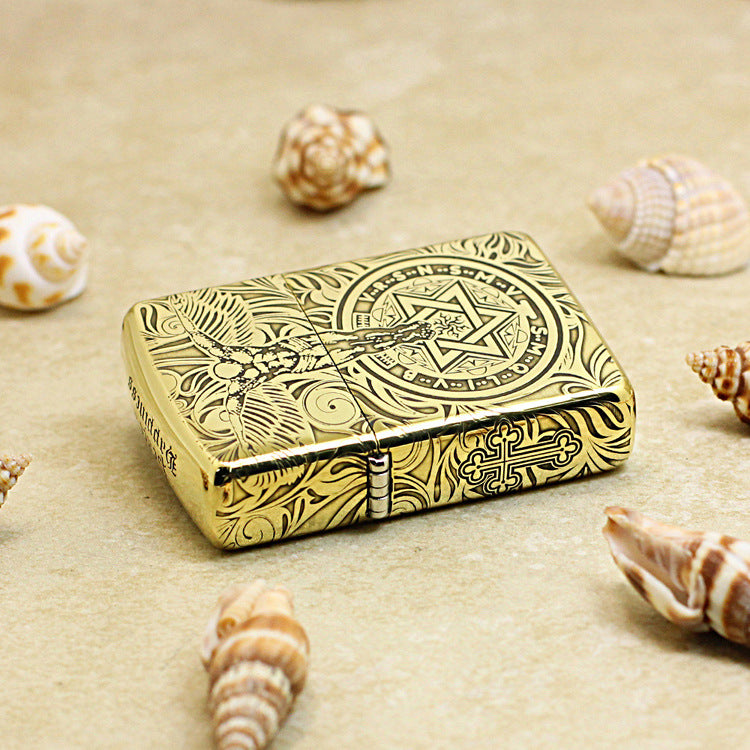 Zippo High Polish Brass Engraved Angelic Warrior Seal of Solomon - CC160