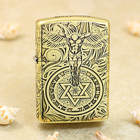 Zippo High Polish Brass Engraved Angelic Warrior Seal of Solomon - CC160