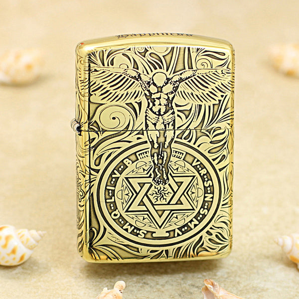 Zippo High Polish Brass Engraved Angelic Warrior Seal of Solomon - CC160