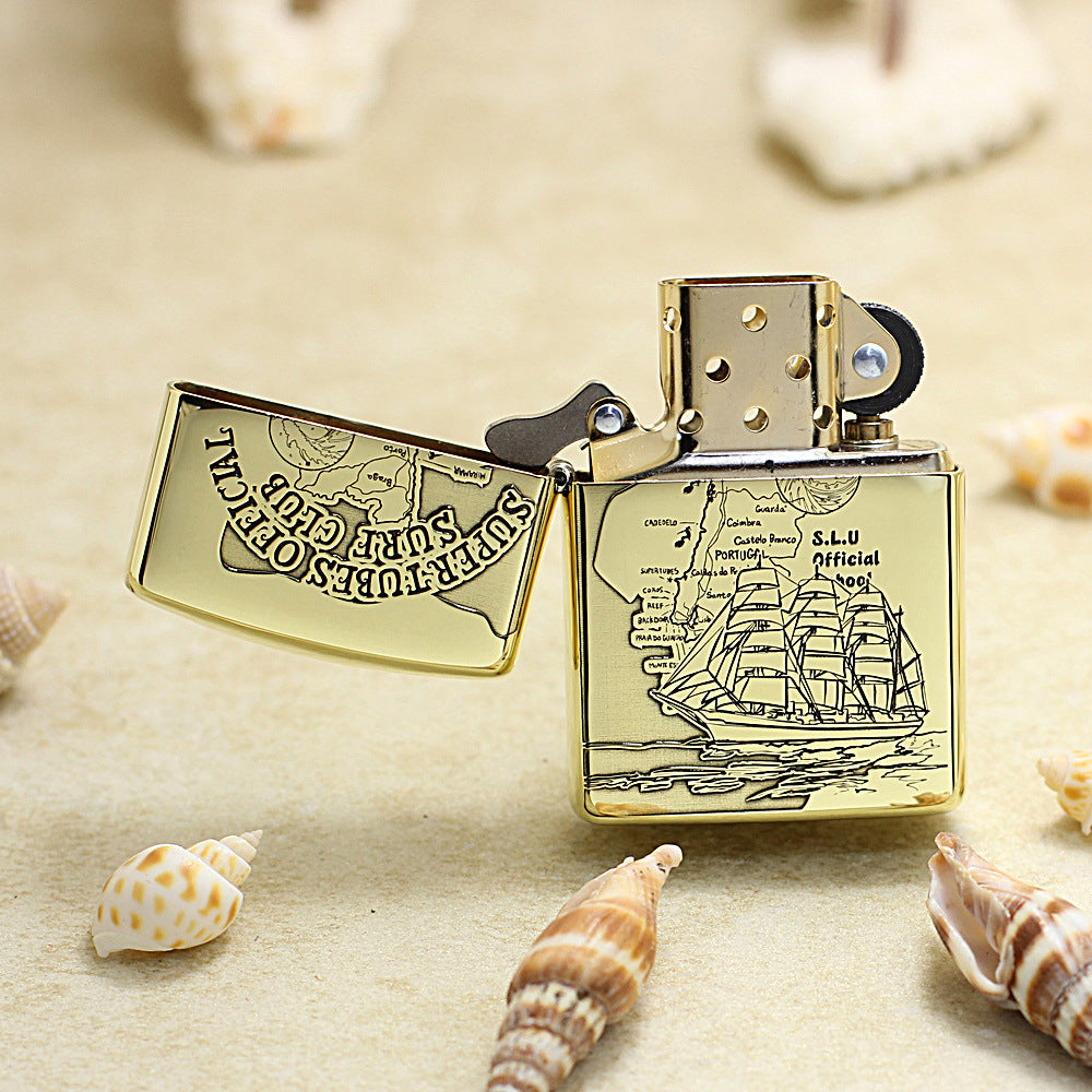 Zippo High Polish Brass Engraved Nautical Map Sailing Ship - CC146