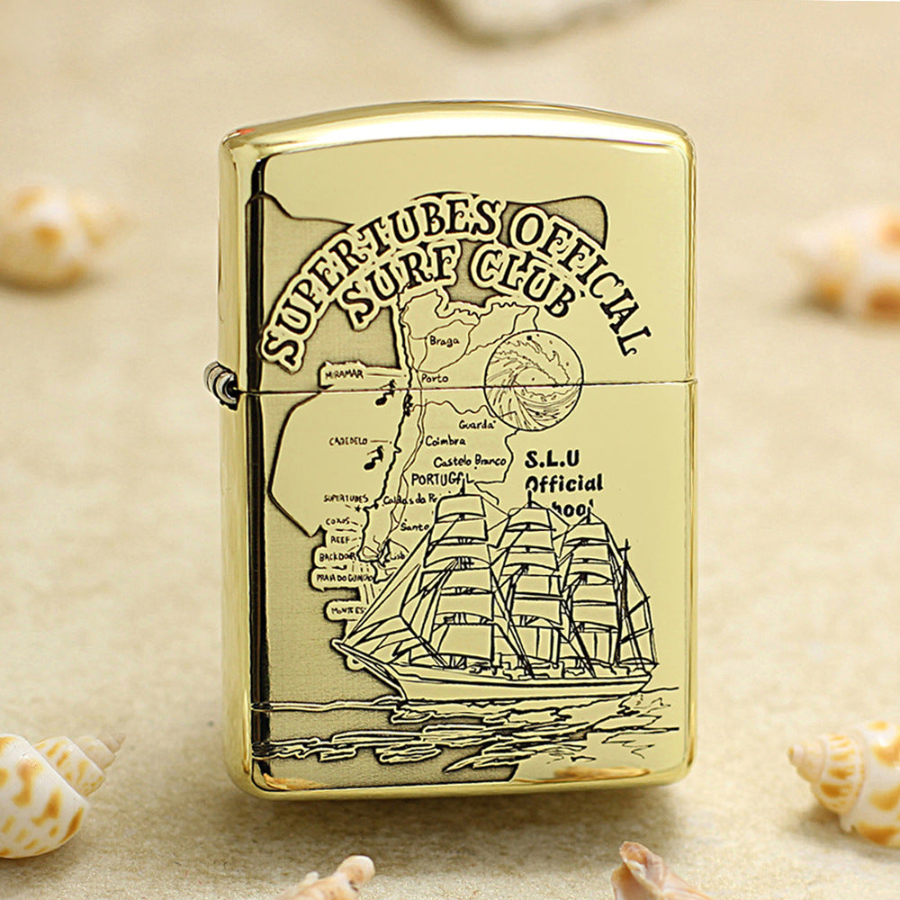 Zippo High Polish Brass Engraved Nautical Map Sailing Ship - CC146
