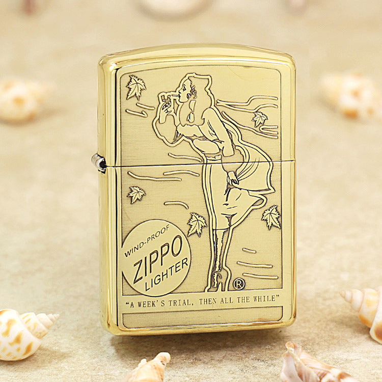 Zippo High Polish Brass Engraved Pin-Up Girl Autumn Wind - CC151