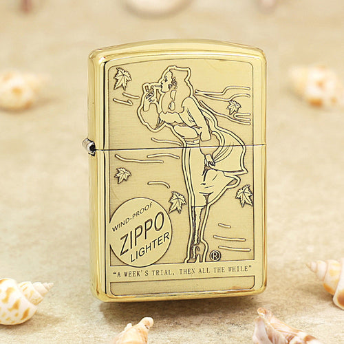 Zippo High Polish Brass Engraved Pin-Up Girl Autumn Wind - CC151