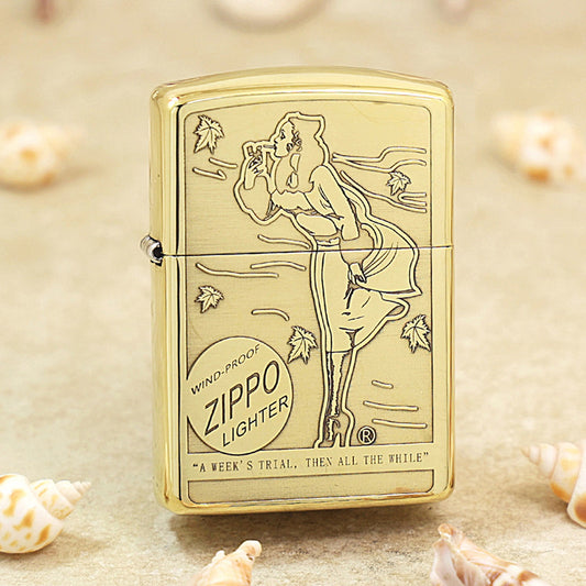 Zippo High Polish Brass Engraved Pin-Up Girl Autumn Wind - CC151
