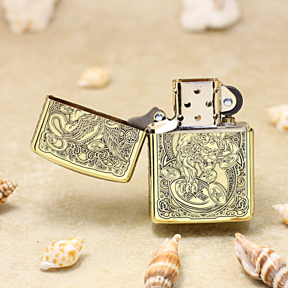 Zippo High Polish Brass Engraved Pixiu Lion and Ancient Coins - CC162