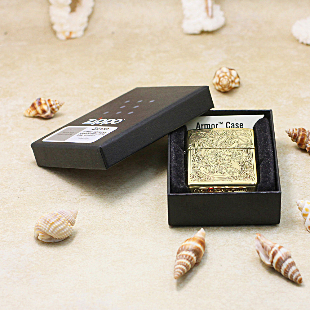 Zippo High Polish Brass Engraved Pixiu Lion and Ancient Coins - CC162