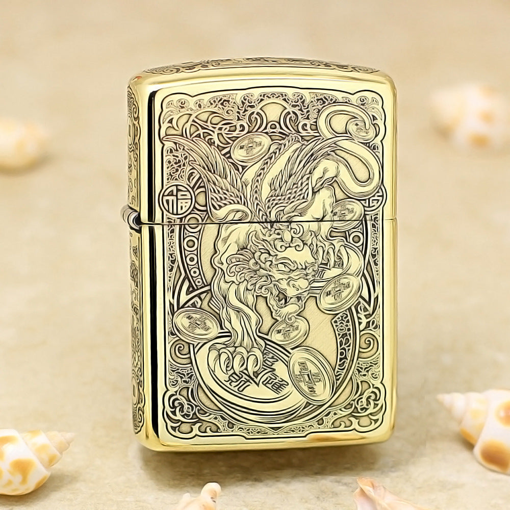 Zippo High Polish Brass Engraved Pixiu Lion and Ancient Coins - CC162