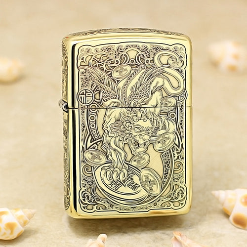 Zippo High Polish Brass Engraved Pixiu Lion and Ancient Coins - CC162