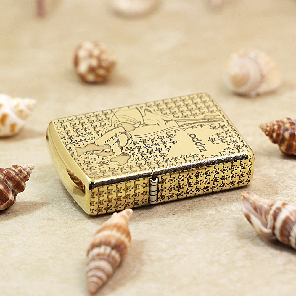 Zippo High Polish Brass Engraved Star Field Pin-Up Girl - CC134