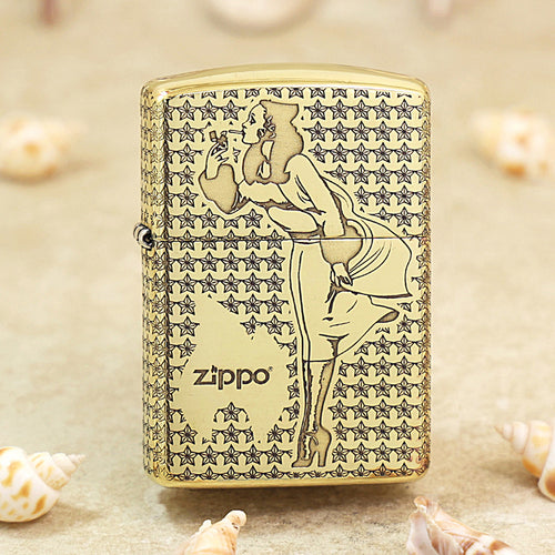Zippo High Polish Brass Engraved Star Field Pin-Up Girl - CC134
