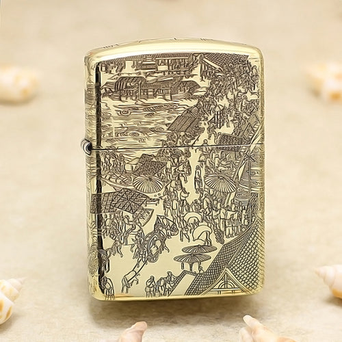 Zippo High Polish Brass Full Engraved Qingming Festival Scroll - CC119