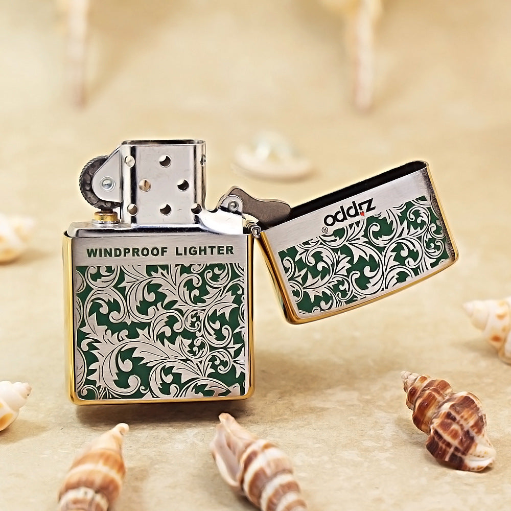 Zippo High Polish Brass Green Color Filled Arabesque Scroll - CS14