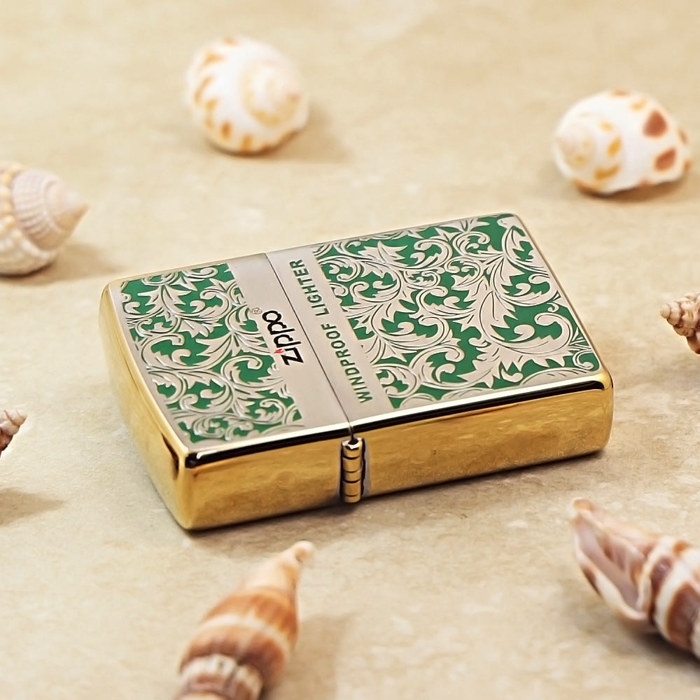 Zippo High Polish Brass Green Color Filled Arabesque Scroll - CS14