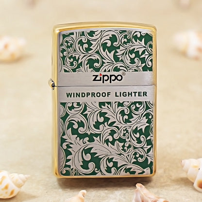 Zippo High Polish Brass Green Color Filled Arabesque Scroll - CS14