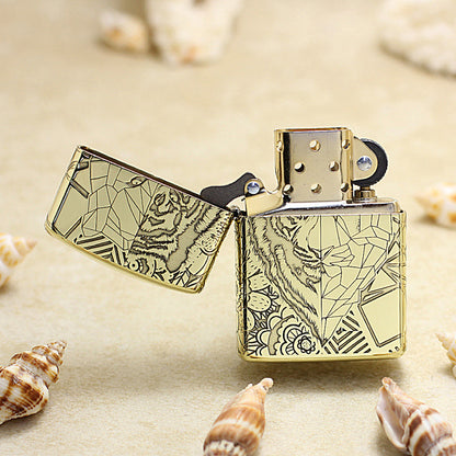 Zippo High Polish Brass Half Geometric Tiger Engraving - CC135