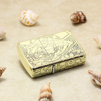 Zippo High Polish Brass Half Geometric Tiger Engraving - CC135