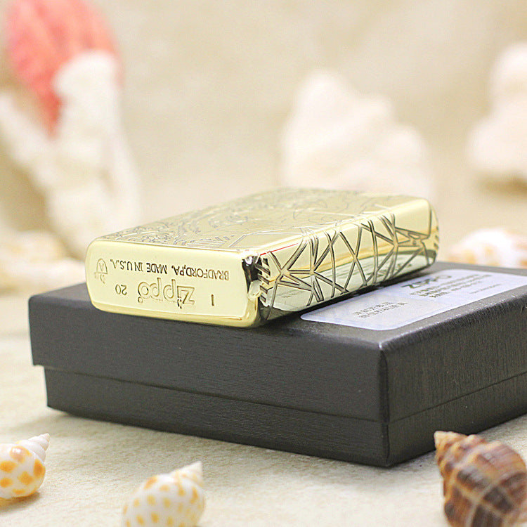 Zippo High Polish Brass Half Geometric Tiger Engraving - CC135