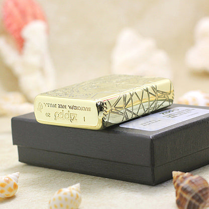 Zippo High Polish Brass Half Geometric Tiger Engraving - CC135