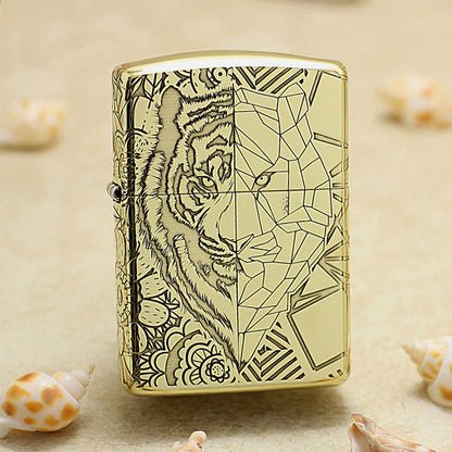 Zippo High Polish Brass Half Geometric Tiger Engraving - CC135