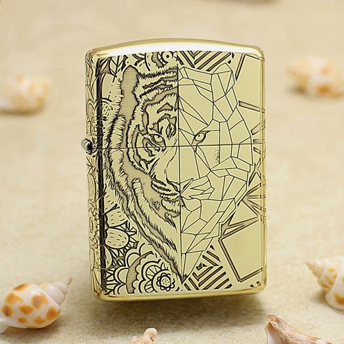 Zippo High Polish Brass Half Geometric Tiger Engraving - CC135
