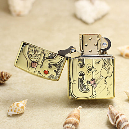 Zippo High Polish Brass Mulan Dragon Jade Carving Emblem - CC111