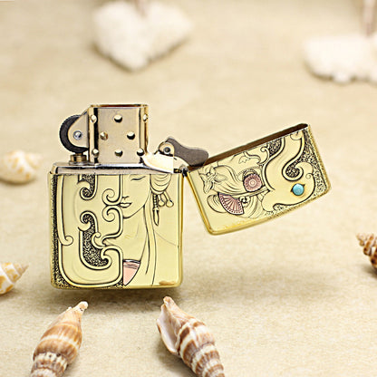 Zippo High Polish Brass Mulan Dragon Jade Carving Emblem - CC111