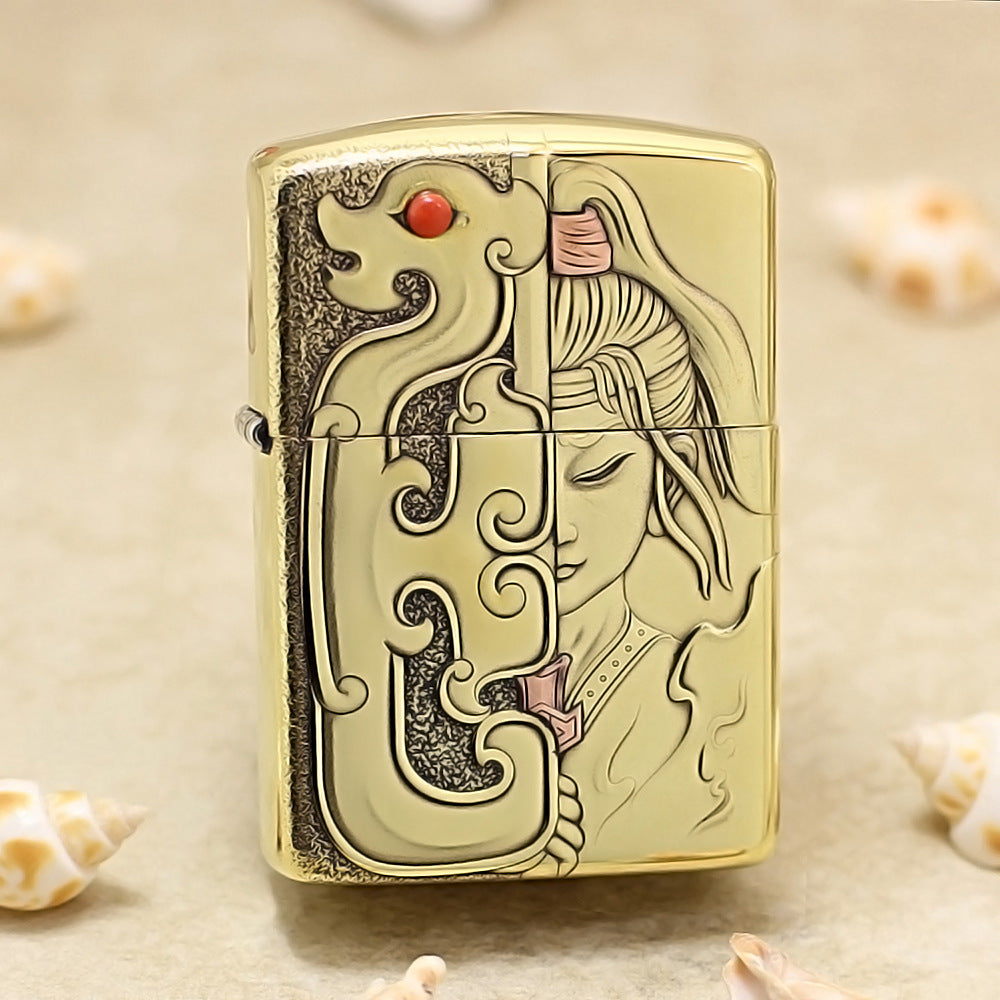 Zippo High Polish Brass Mulan Dragon Jade Carving Emblem - CC111