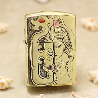 Zippo High Polish Brass Mulan Dragon Jade Carving Emblem - CC111