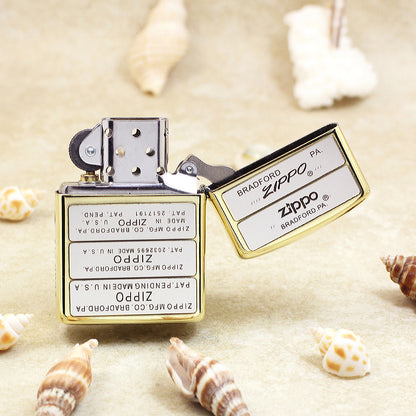Zippo High Polish Brass Multi Panel Logo and Patent Stamps - SC01