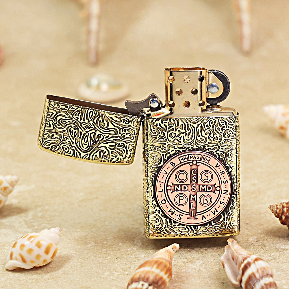 Zippo High Polish Brass St. Benedict Medal Inlay - CC58