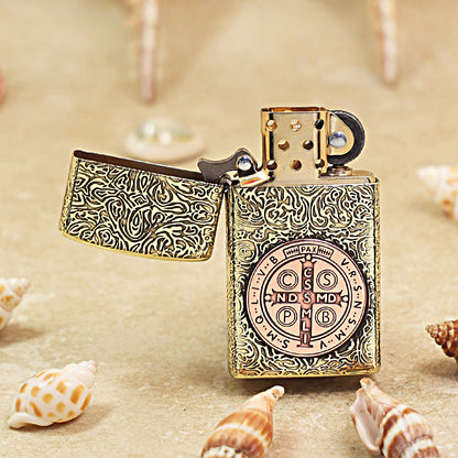 Zippo High Polish Brass St. Benedict Medal Inlay - CC58