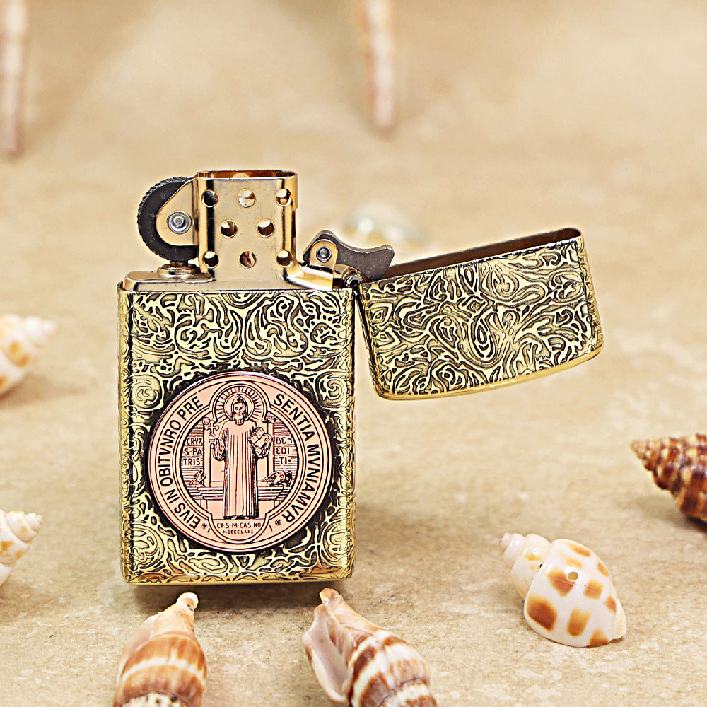 Zippo High Polish Brass St. Benedict Medal Inlay - CC58