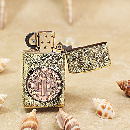 Zippo High Polish Brass St. Benedict Medal Inlay - CC58