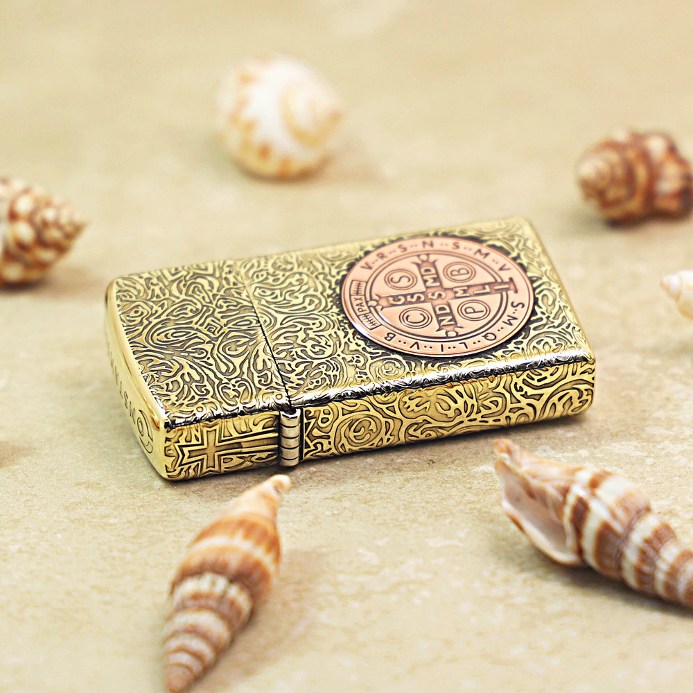 Zippo High Polish Brass St. Benedict Medal Inlay - CC58