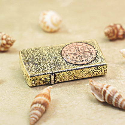 Zippo High Polish Brass St. Benedict Medal Inlay - CC58