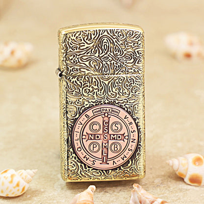 Zippo High Polish Brass St. Benedict Medal Inlay - CC58