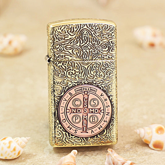 Zippo High Polish Brass St. Benedict Medal Inlay - CC58