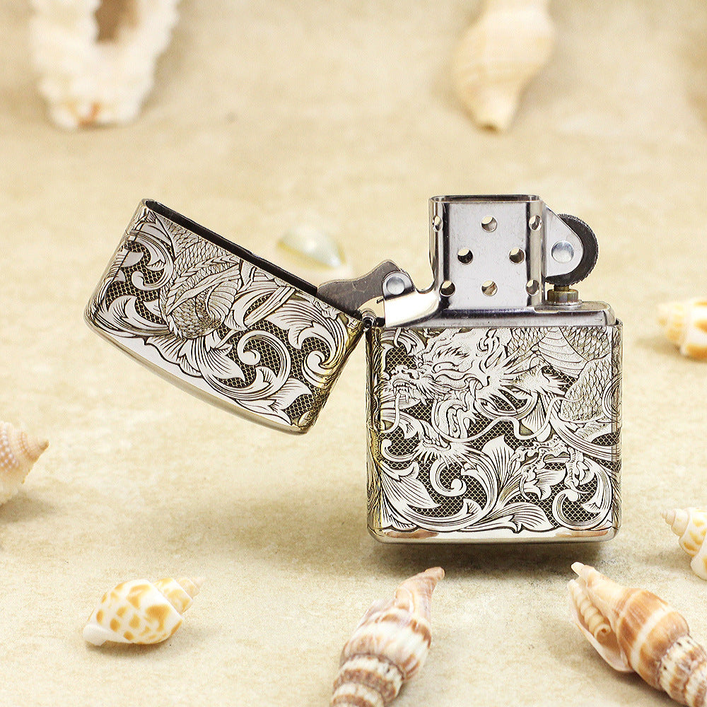 Zippo High Polish Chrome Deep Carved Dragon and Full Arabesque - SC26