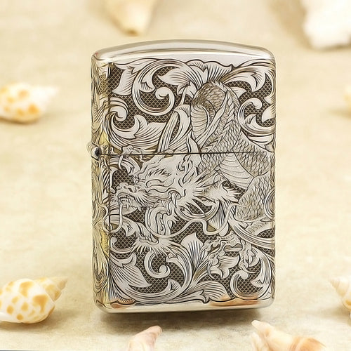 Zippo High Polish Chrome Deep Carved Dragon and Full Arabesque - SC26