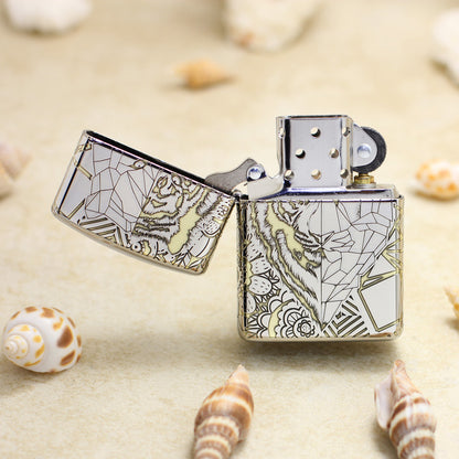 Zippo High Polish Chrome Deep Carved Geometric Split Face Tiger - SC11