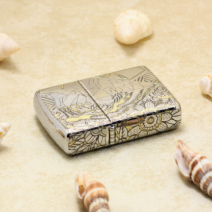 Zippo High Polish Chrome Deep Carved Geometric Split Face Tiger - SC11